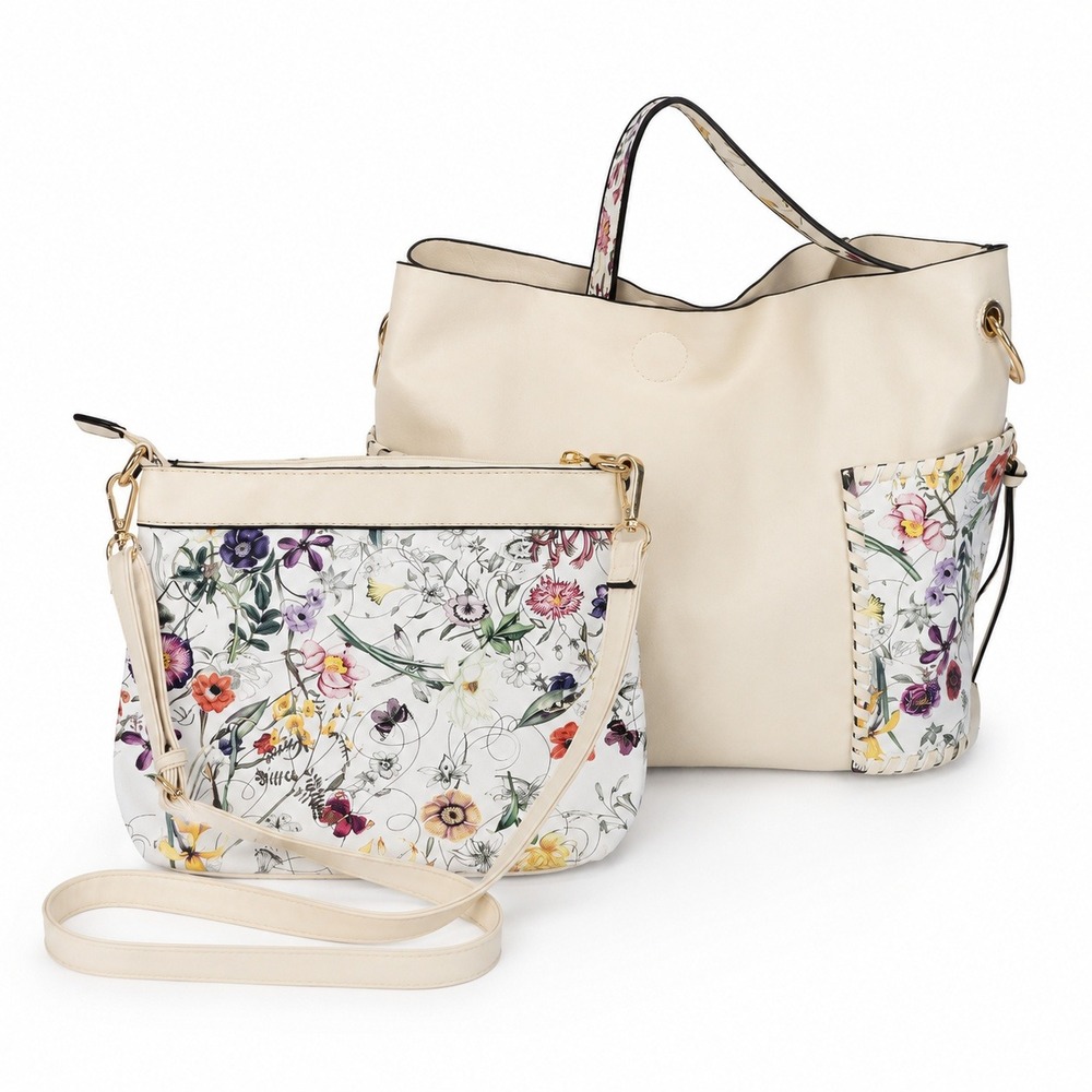 Cream Floral Hobo Bag and Crossbody Set Gold Hardware Botanical Print 2pc